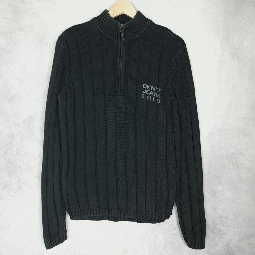 Vintage DKNY 1/4 Zip Pullover Sweater Mens Small Black Ribbed Spellout Logo Y2K